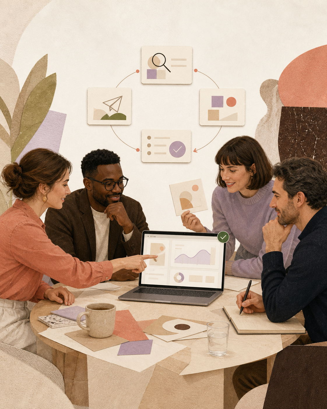 Four professionals collaborating around a laptop showing a working dashboard